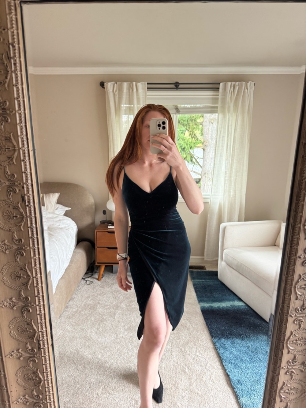 Black Halo green Velvet Slip Dress with Front Slit